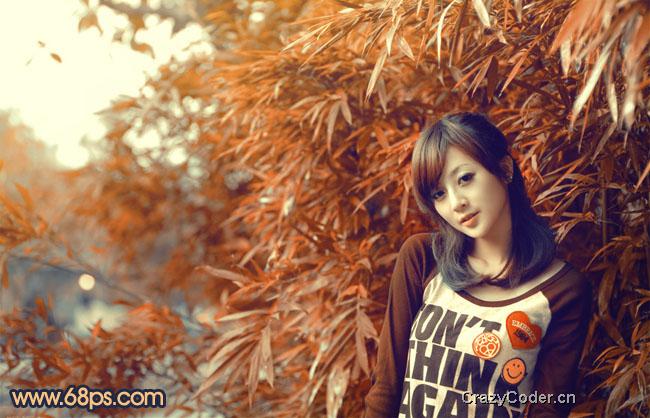 橙红色,Photoshop调出竹林美女图片甜美的橙红色